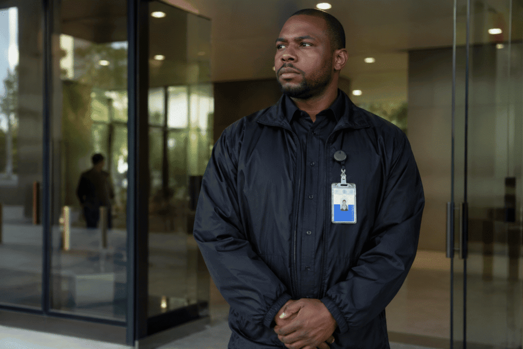 Security guard monitoring access at a corporate facility. Security ID badge with QR code and role label