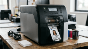 Desktop card printer printing a Global Solutions badge with a photo on a wooden desk, ready to clip on. Retransfer printing