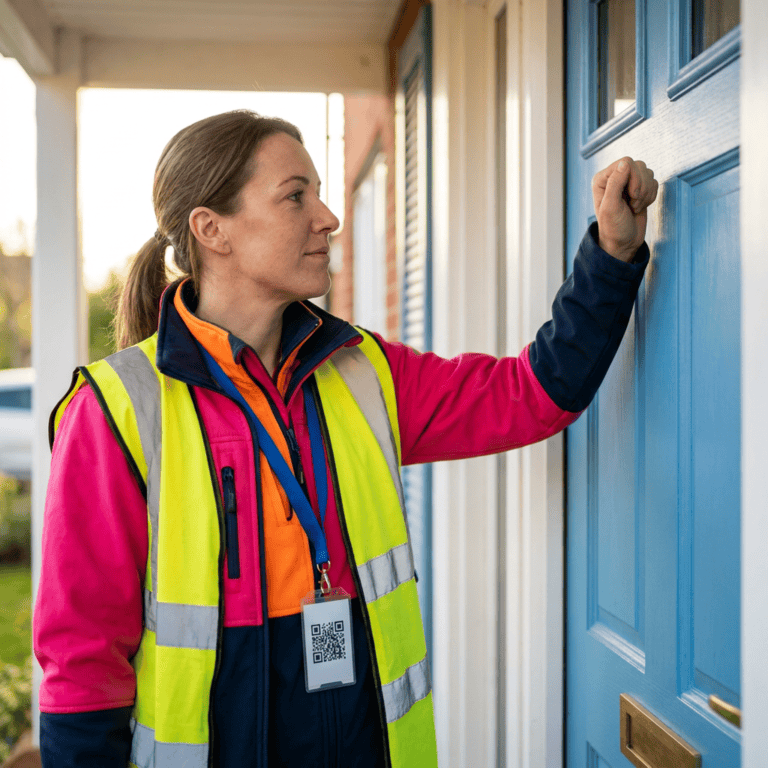 Female delivery worker in a neon safety vest touching a blue front door, with a QR badge visible at her neck.