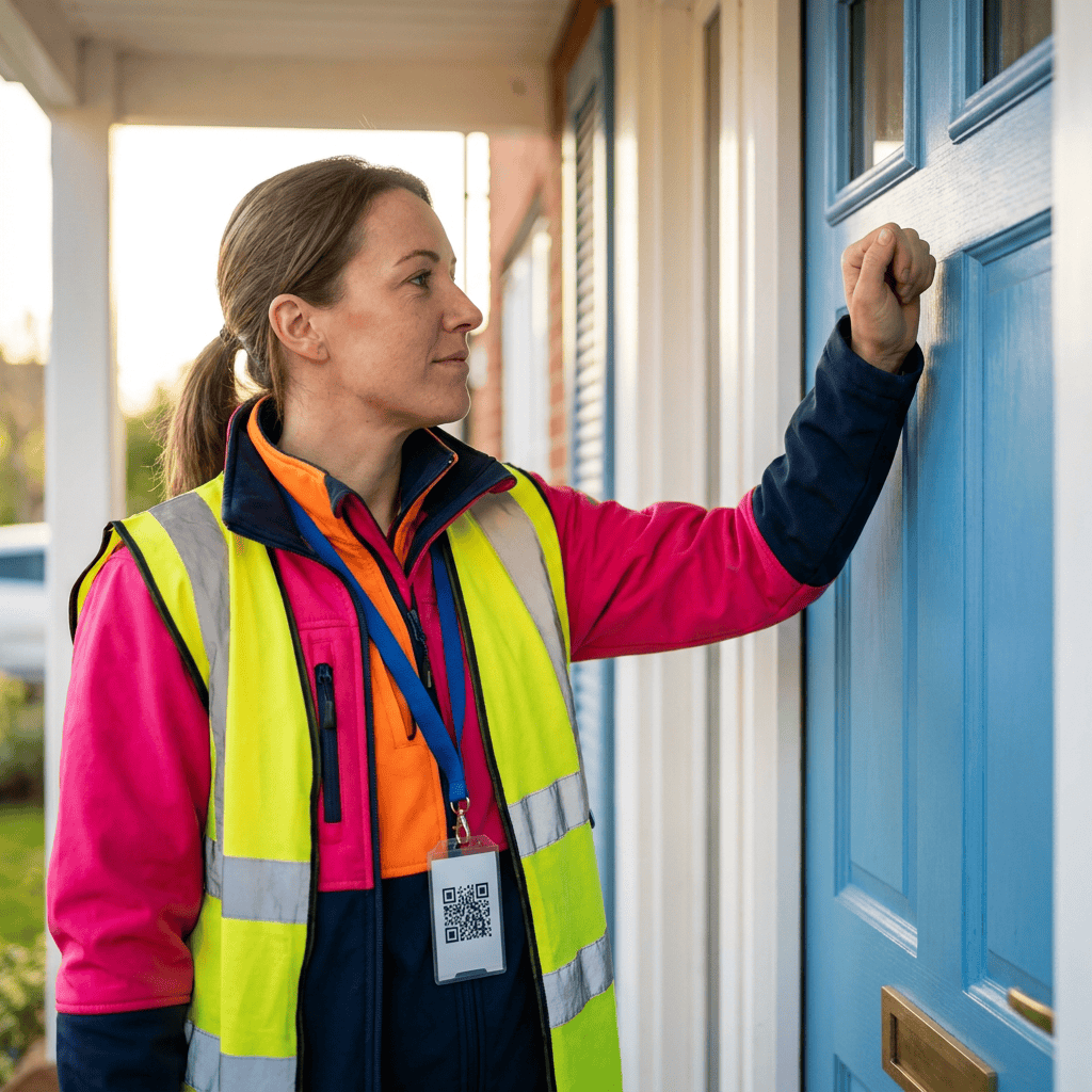 Female delivery worker in a neon safety vest touching a blue front door, with a QR badge visible at her neck.