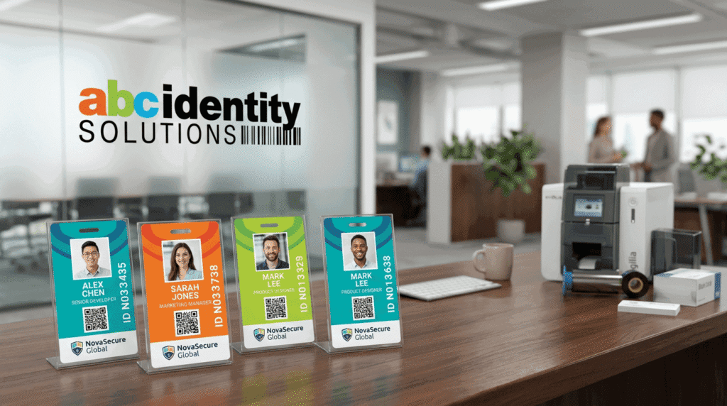 Modern office lobby with the 'abc identity SOLUTIONS' logo on a glass wall and four colorful employee ID cards on stands in the foreground.