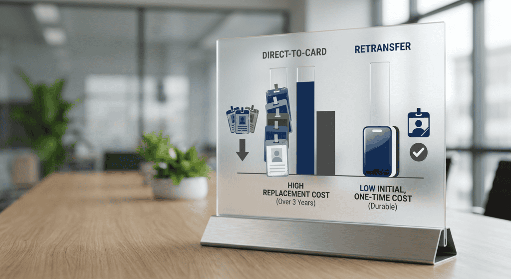 nfographic comparing the long-term cost of replacing direct-to-card badges versus investing in durable retransfer-printed ID badges