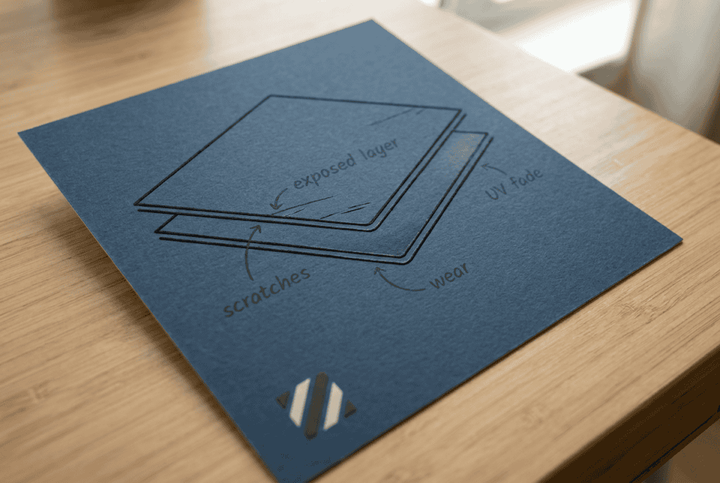 Diagram showing how direct-to-card printing leaves ink exposed on the card surface