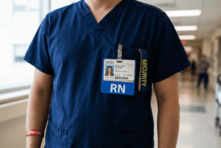 Navy-scrub clinician in a hospital hallway, with an RN ID badge and a security lanyard visible. A red 'VISITOR' wristband is on the arm in view.
