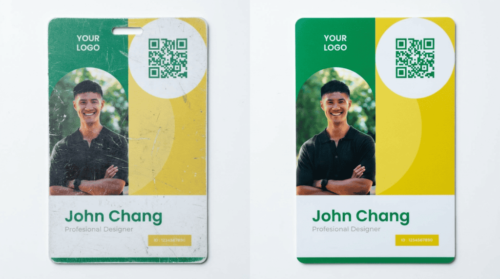 Two ID badges side by side with green and yellow panels, a portrait photo, a circular QR code, and a 'Professional Designer' label on a white lower section.