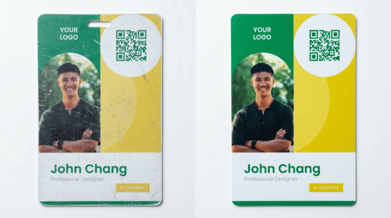 Two ID badges side by side with green and yellow panels, a portrait photo, a circular QR code, and a 'Professional Designer' label on a white lower section.