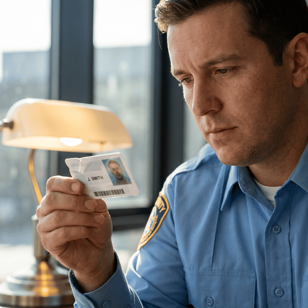 security guard stares at a counterfeit ID badge