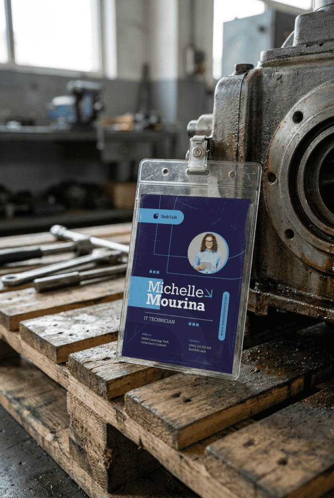 A badge sitting next to a piece of heavy machinery or on top of a pallet of goods, showing its "industrial" context.