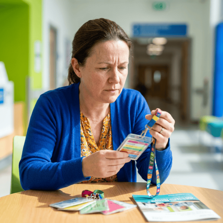 Woman in a blue cardigan sits at a table in a bright hallway, examining a colorful lanyard and badge on her hands.