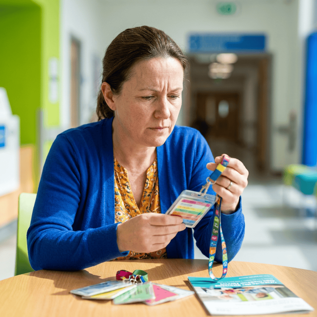 Woman in a blue cardigan sits at a table in a bright hallway, examining a colorful lanyard and badge on her hands.