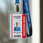 A high-end macro shot of a vertical badge with a "Registered Nurse" red role bar, hanging on a blue lanyard.