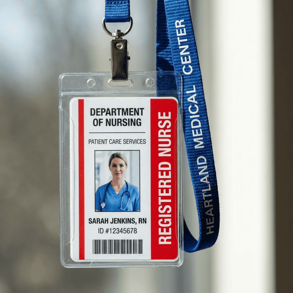 A high-end macro shot of a vertical badge with a "Registered Nurse" red role bar, hanging on a blue lanyard.