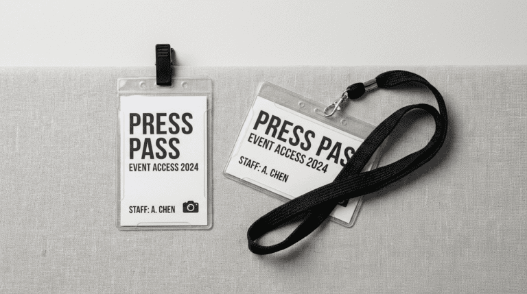 Side-by-side comparison of a vertical portrait ID badge and a horizontal landscape ID badge on a lanyard"