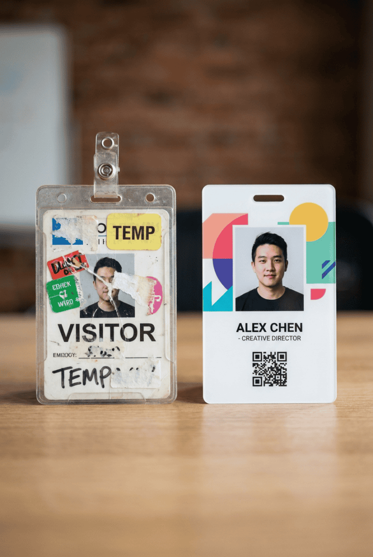 Cluttered employee ID badge compared to streamlined custom ID badge design