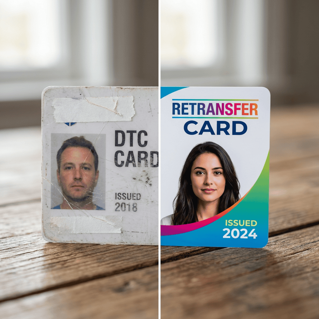 Split screen: A faded, scratched DTC card vs. a glossy, vibrant Retransfer card.