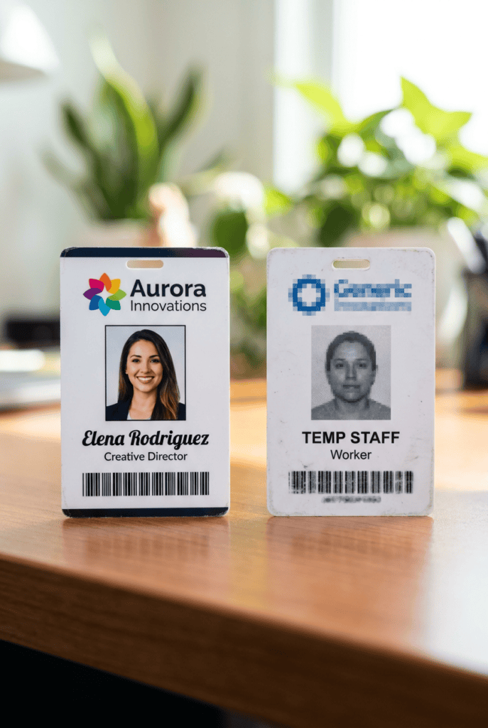 Two name badges on a wooden desk: Elena Rodriguez, Creative Director for Aurora Innovations, and a second badge labeled TEMP STAFF (Worker).