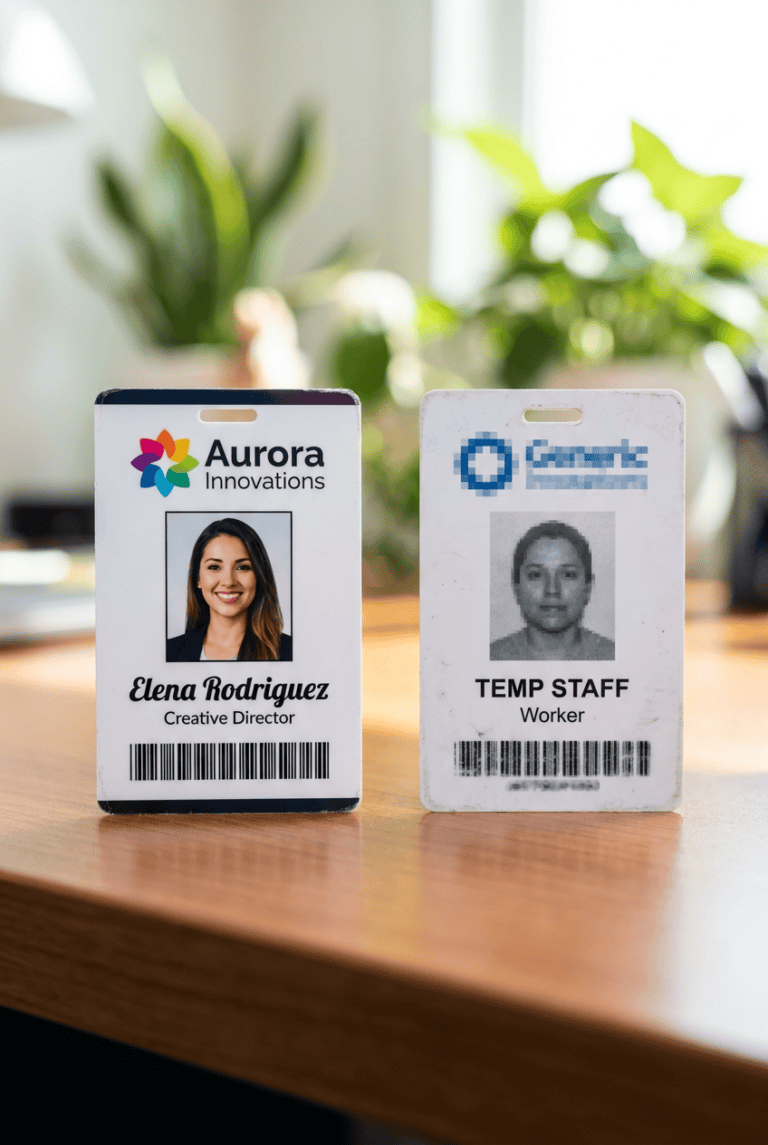 Two name badges on a wooden desk: Elena Rodriguez, Creative Director for Aurora Innovations, and a second badge labeled TEMP STAFF (Worker).