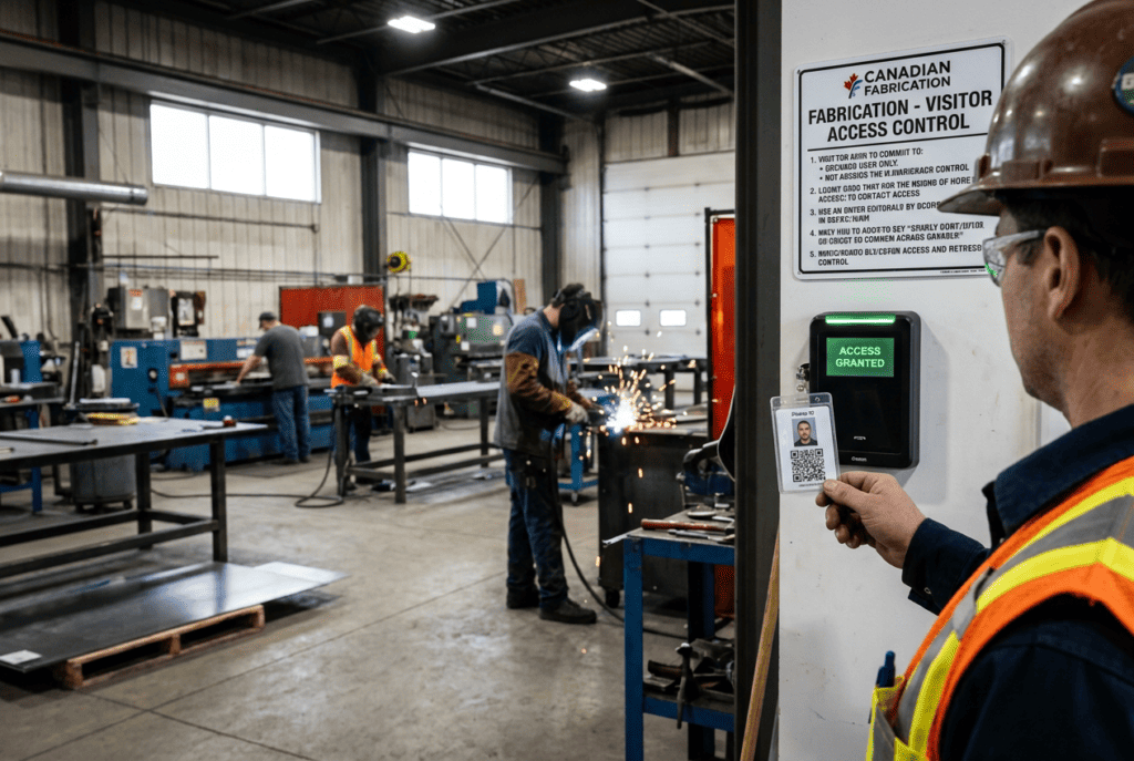 Worker in a safety vest scans a badge at an access control panel labeled 'Access Granted' as welders work and sparks fly in the background of a metal shop floor.