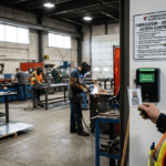 Worker in a safety vest scans a badge at an access control panel labeled 'Access Granted' as welders work and sparks fly in the background of a metal shop floor.