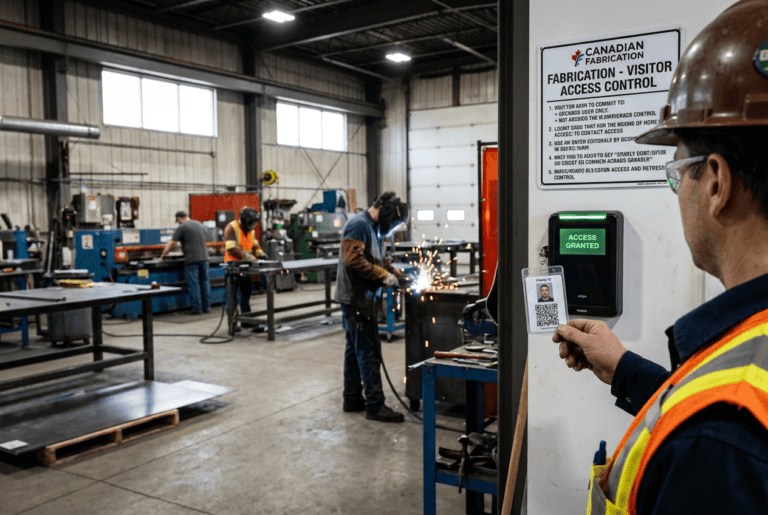 Worker in a safety vest scans a badge at an access control panel labeled 'Access Granted' as welders work and sparks fly in the background of a metal shop floor.