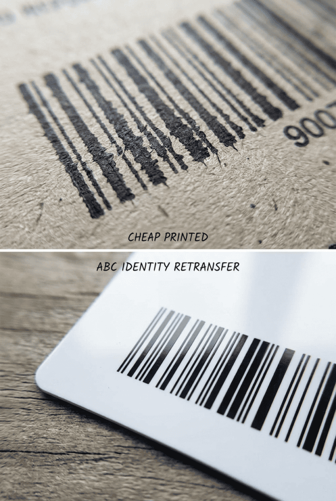 A split-screen zoom-in (Micro view) showing the jagged edges of a cheap printed barcode vs. the razor-sharp edges of an ABC Identity Retransfer barcode.