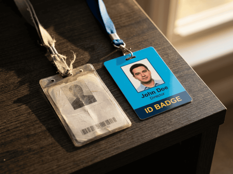 Two identification badges on a wooden desk: a worn clear badge with a faded photo and barcode, and a blue ID badge reading 'John Doe' as Director, 'ID BADGE'.