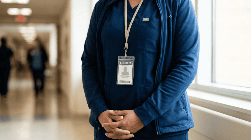 A professional wearing a vertical ID badge on a lanyard that hangs face-forward for instant visual verification