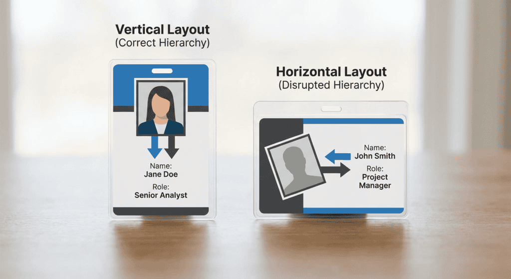 Diagram comparing information hierarchy on a vertical ID badge versus a rotated horizontal badge on a lanyard"
