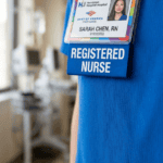 Nurse in blue scrubs wearing a name badge reading 'Sarah Chen, RN' and a large 'REGISTERED NURSE' tag.