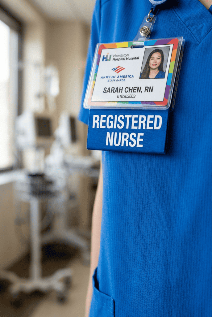Nurse in blue scrubs wearing a name badge reading 'Sarah Chen, RN' and a large 'REGISTERED NURSE' tag.