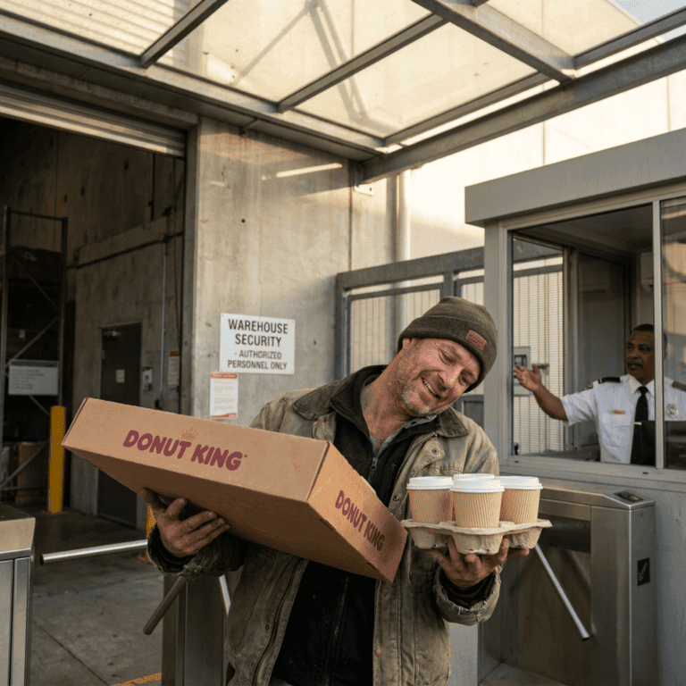 Man holding Donut King box and coffee cups at warehouse security checkpoint.