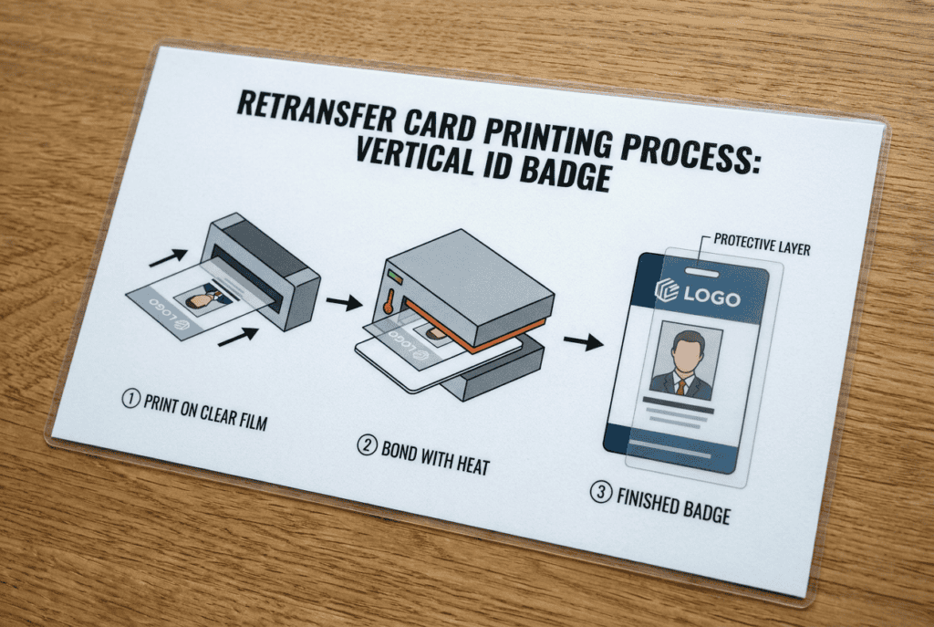"Diagram showing the retransfer printing process — image sealed under protective film for durability"