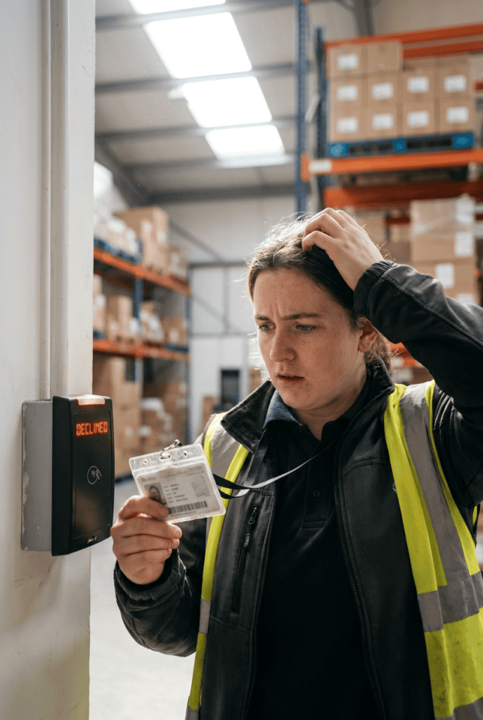 Warehouse worker in a safety vest holding an ID badge up to a door access scanner that displays 'DECLINED'. Behind her are warehouse shelves with boxes.