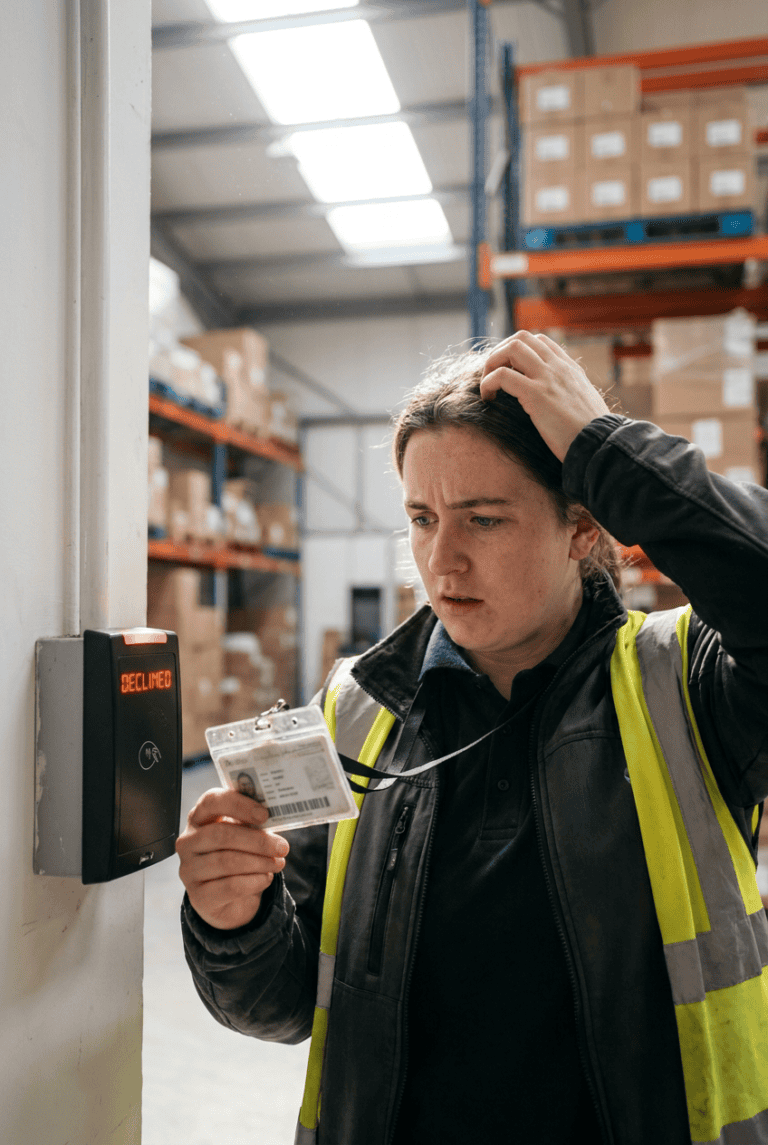 Warehouse worker in a safety vest holding an ID badge up to a door access scanner that displays 'DECLINED'. Behind her are warehouse shelves with boxes.