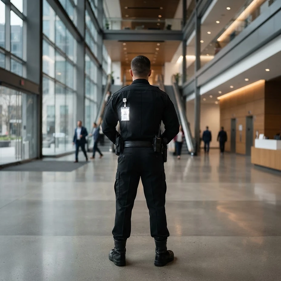 Security guard standing with hands on hips in a spacious modern lobby with glass walls and escalators behind him, facing away from the camera.