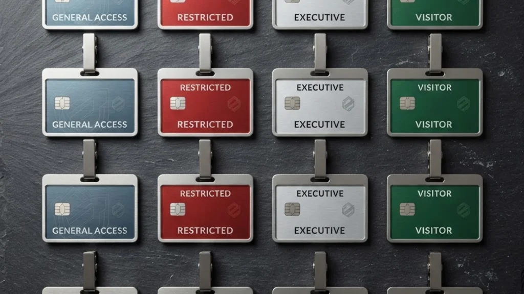 Grid of access badges labeled General Access, Restricted, Executive, and Visitor on colored cards against a dark wall.