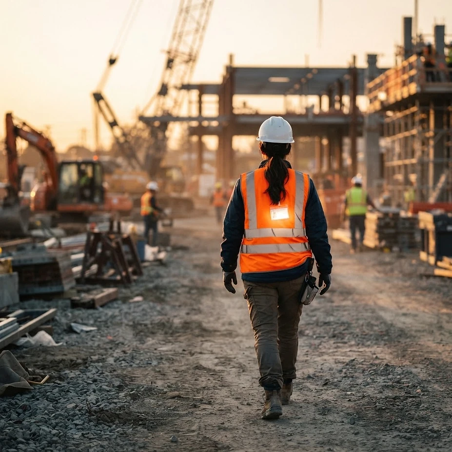 Construction worker in an orange safety vest and white helmet walks along a gravel site with scaffolding and machinery in the background at sunset.