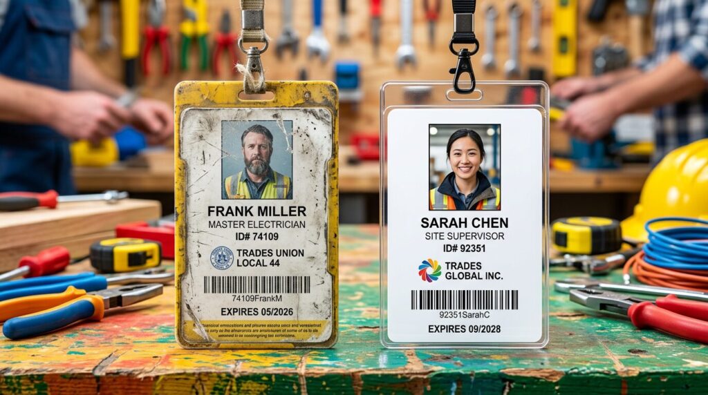 comparisson of an old ID badge versus one made from abc identity SOLUTIONS