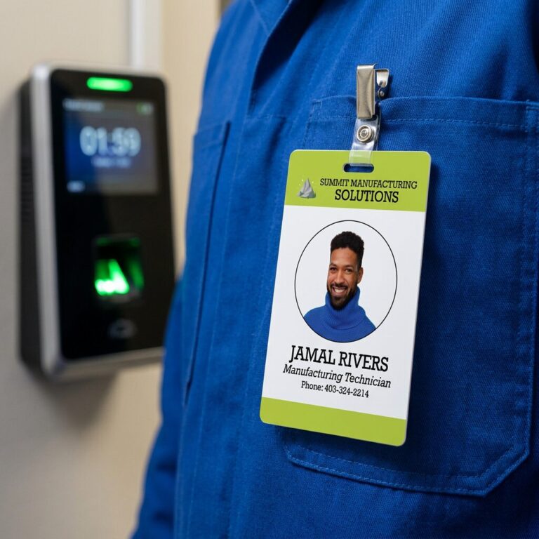 Employee ID badge clipped to a blue work shirt showing photo and name: Jamal Rivers, Manufacturing Technician, Summit Manufacturing Solutions, near a security scanner.