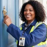 tradesperson knocking on customer door.