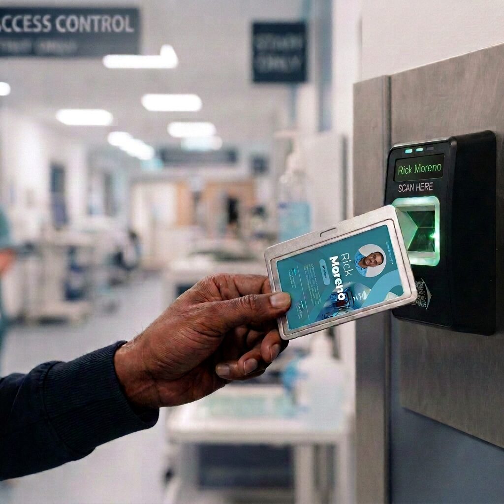 Person inserts an ID badge into a security access scanner with a green light on the reader.