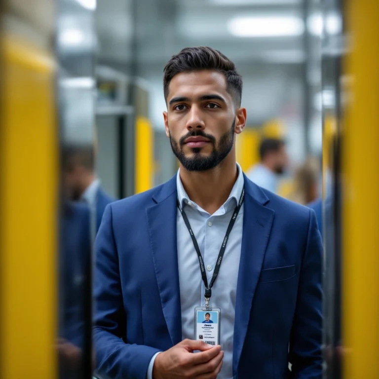 Security guard with vertical ID badge and scannable QR code, depicting access control badge printing service in Canada.