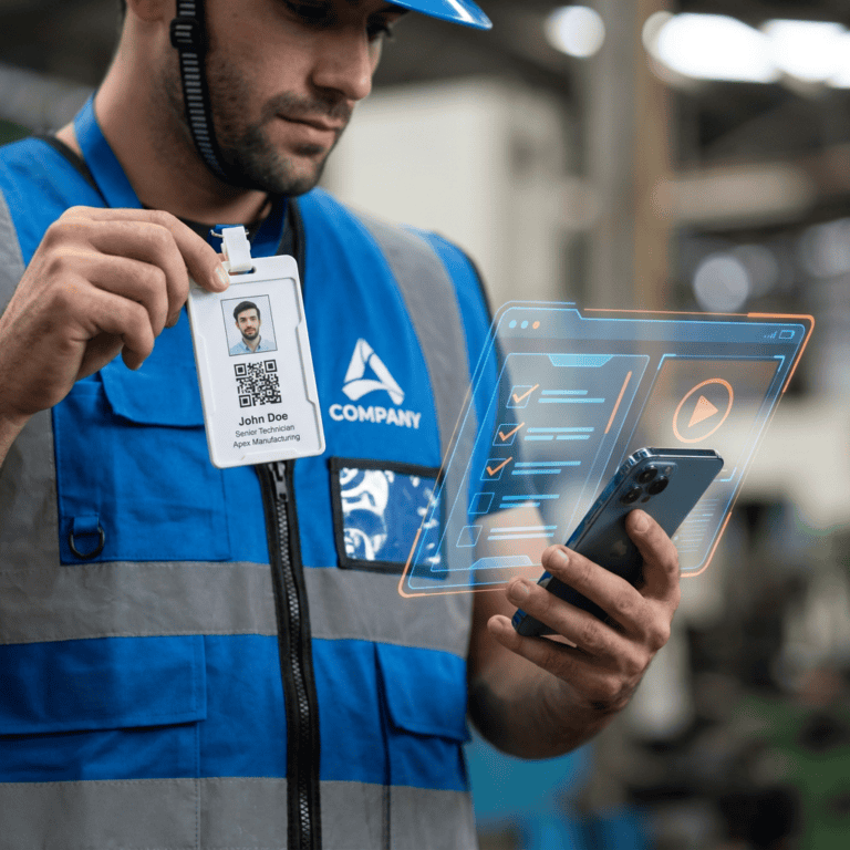 Employee scanning QR code on ID badge to access digital workstation interface