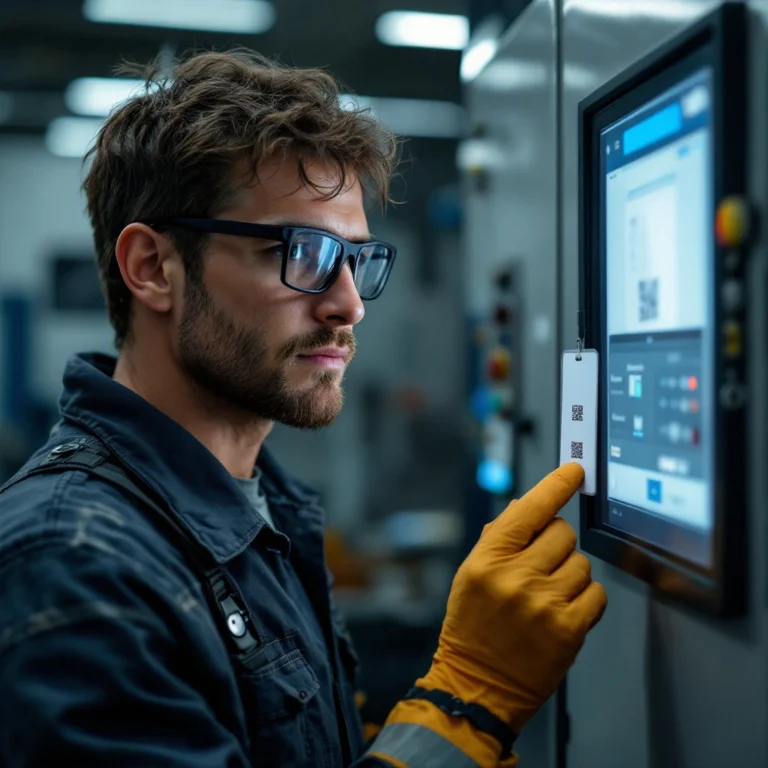Durable, chemically resistant vertical ID badge with QR code being scanned in a machine shop with industrial mist lingering — badge remains flawless thanks to retransfer overlay.