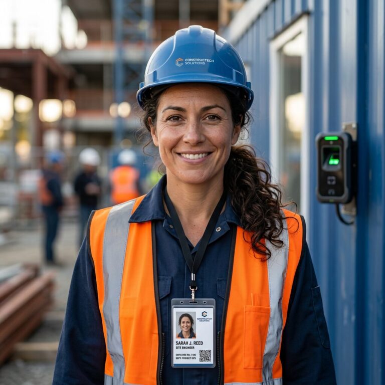Vertical ID badge with integrated QR code worn on lanyard, scanned instantly in a fast‑paced Canadian warehouse.