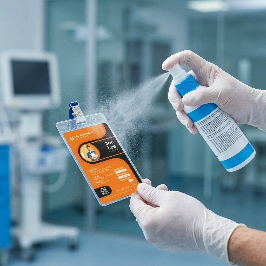 Gloved hands spray disinfectant on an orange ID badge in a clinical setting.