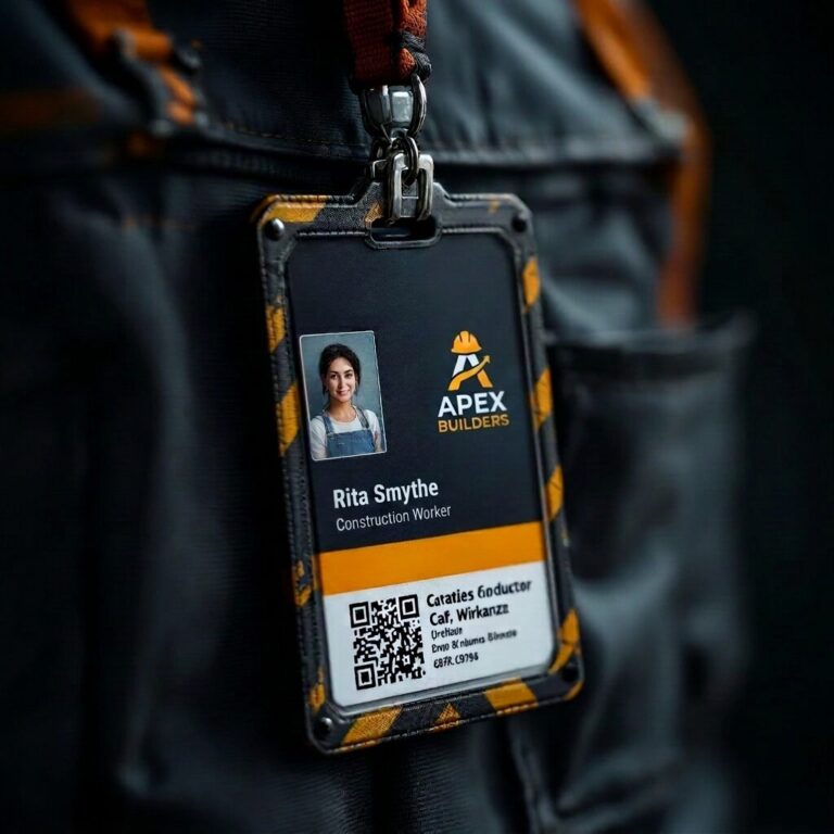 Construction worker in PPE with a visible ID badge on a lanyard