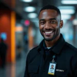 A security professional smiling, badge clearly visible on a retractable reel.