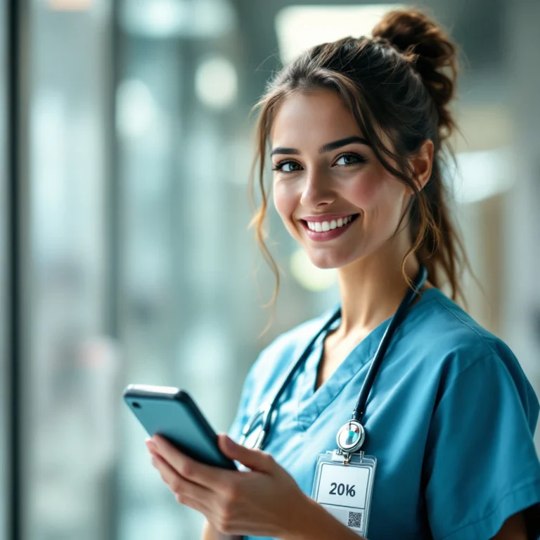 Nurse scanning a vertical healthcare ID badge with QR code, illustrating PHIPA‑compliant badge printing service in Canada.