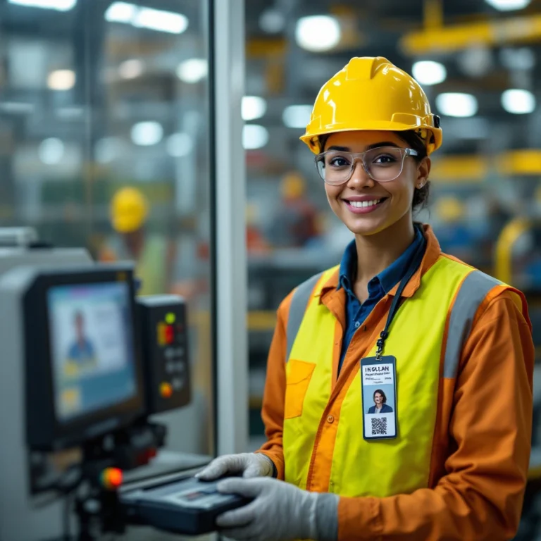 Manufacturing employee scanning vertical industrial ID badge with QR code, showcasing durable, chemical‑resistant badge printing in Canada.